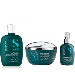 Kit Alfaparf Champú Delicado Reestructurante Semi Di Lino 250ml, Mascarilla Reestructurante 200ml y Fluido Diario Anti Rotura125ml